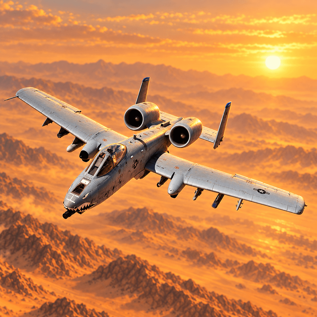 Hawgs over Iraq app icon — an A-10 with shark-mouth nose art flying over desert ridges at sunset