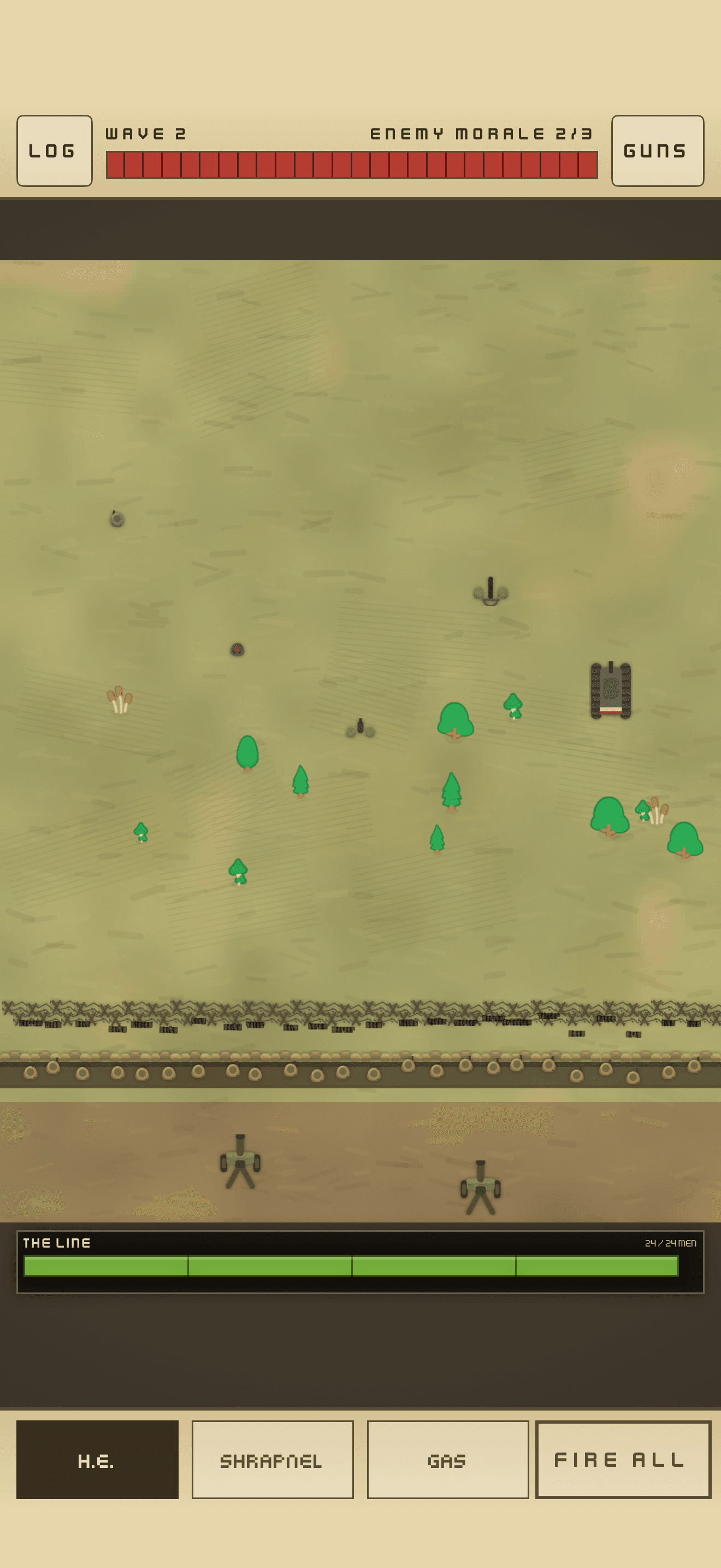 Wave 2 on a green countryside field: enemy tank and soldiers advance toward the trench while two field guns wait behind it. Shell buttons for H.E., shrapnel and gas sit beside Fire All.
