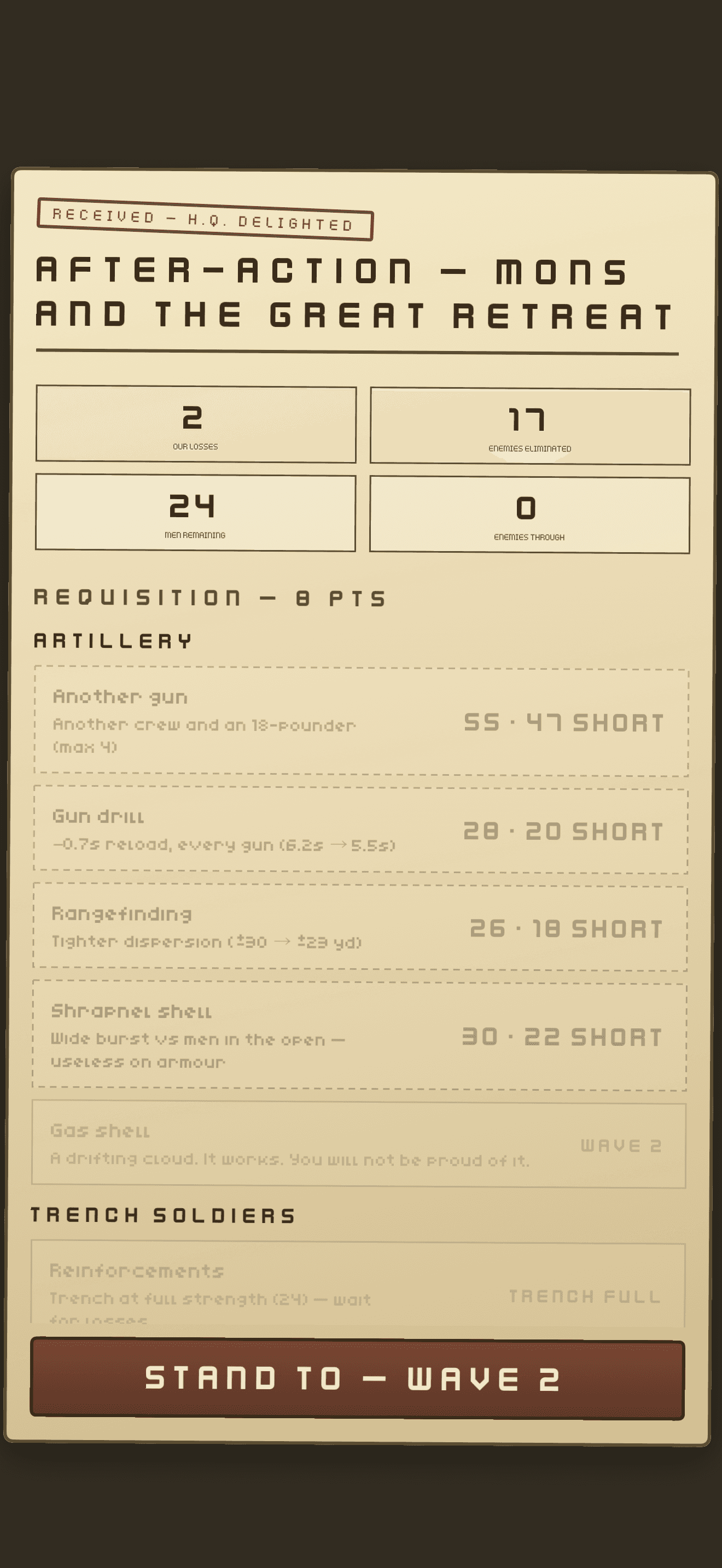 After-action report for Mons and the Great Retreat listing losses and enemies eliminated, with requisition options for another gun, gun drill, rangefinding and shrapnel shell.