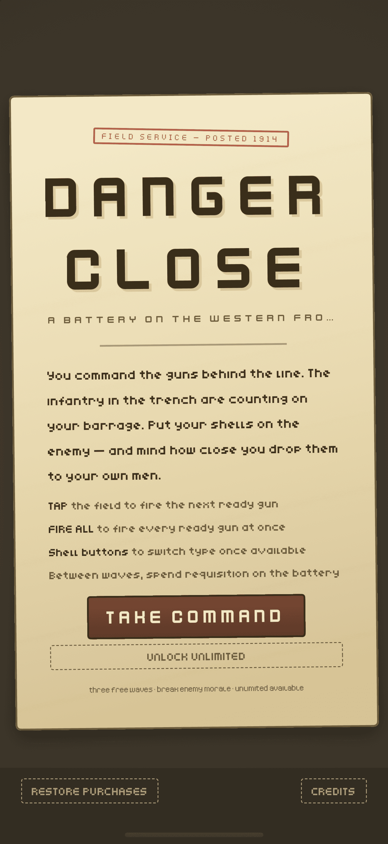 Danger Close title screen and free campaign offering